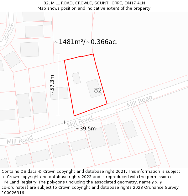 82, MILL ROAD, CROWLE, SCUNTHORPE, DN17 4LN: Plot and title map