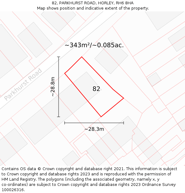 82, PARKHURST ROAD, HORLEY, RH6 8HA: Plot and title map