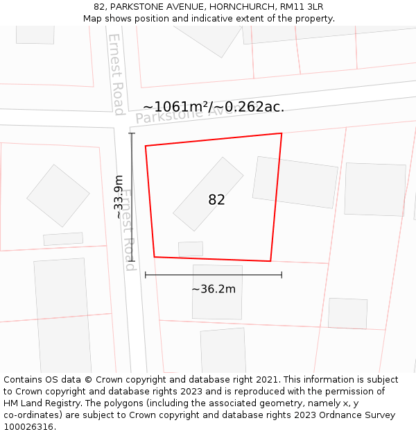 82, PARKSTONE AVENUE, HORNCHURCH, RM11 3LR: Plot and title map