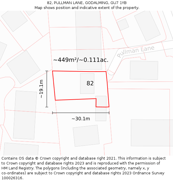 82, PULLMAN LANE, GODALMING, GU7 1YB: Plot and title map
