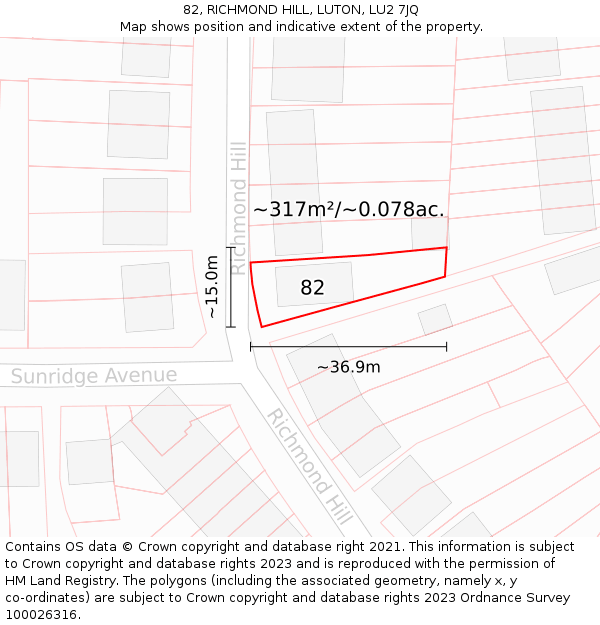 82, RICHMOND HILL, LUTON, LU2 7JQ: Plot and title map