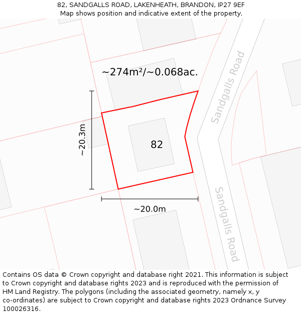 82, SANDGALLS ROAD, LAKENHEATH, BRANDON, IP27 9EF: Plot and title map