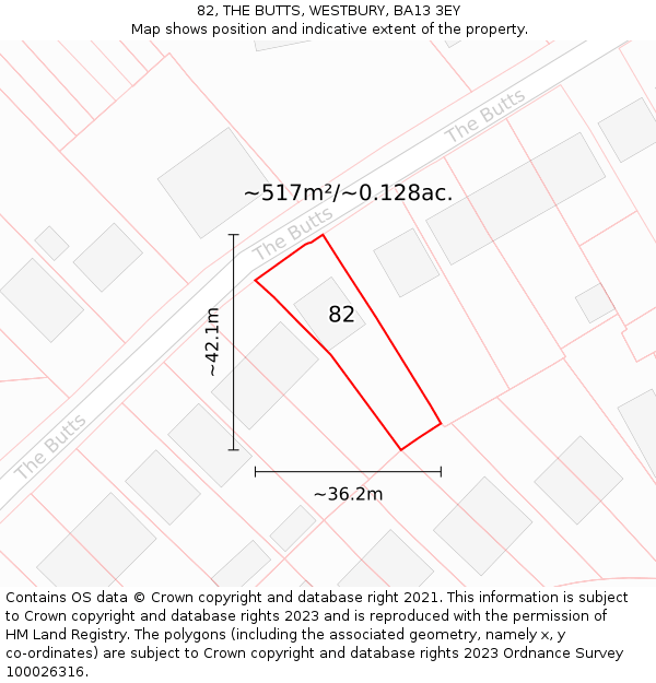 82, THE BUTTS, WESTBURY, BA13 3EY: Plot and title map