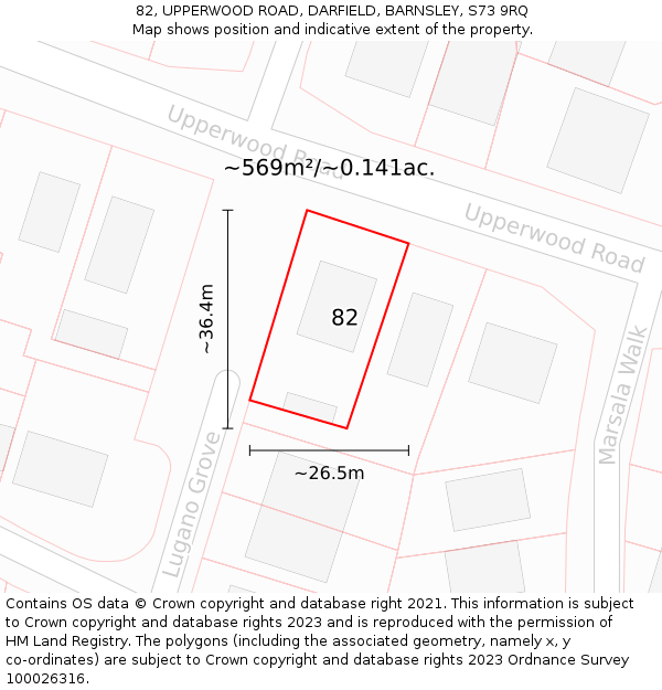 82, UPPERWOOD ROAD, DARFIELD, BARNSLEY, S73 9RQ: Plot and title map