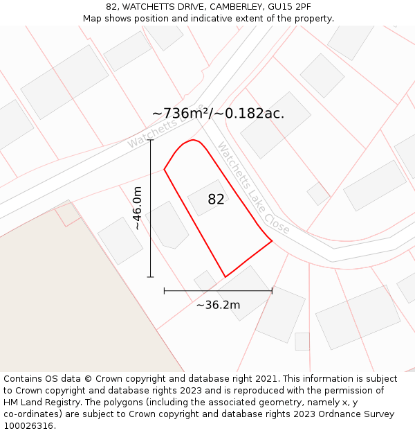 82, WATCHETTS DRIVE, CAMBERLEY, GU15 2PF: Plot and title map