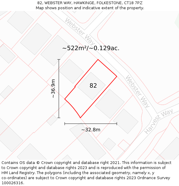 82, WEBSTER WAY, HAWKINGE, FOLKESTONE, CT18 7PZ: Plot and title map