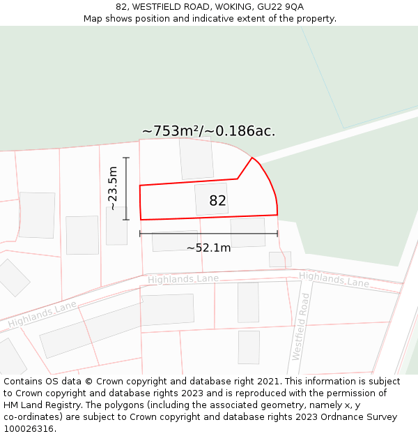 82, WESTFIELD ROAD, WOKING, GU22 9QA: Plot and title map