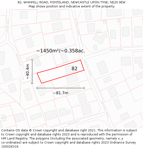 82, WHINFELL ROAD, PONTELAND, NEWCASTLE UPON TYNE, NE20 9EW: Plot and title map