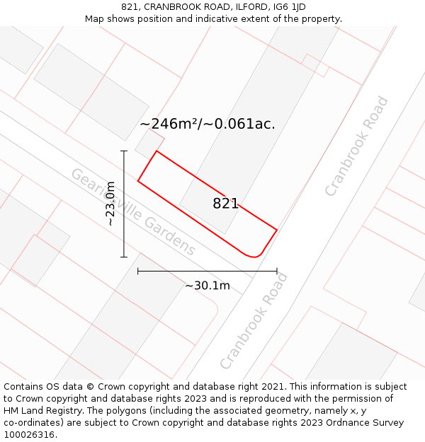 821, CRANBROOK ROAD, ILFORD, IG6 1JD: Plot and title map