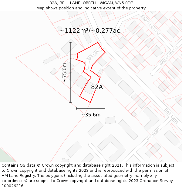 82A, BELL LANE, ORRELL, WIGAN, WN5 0DB: Plot and title map