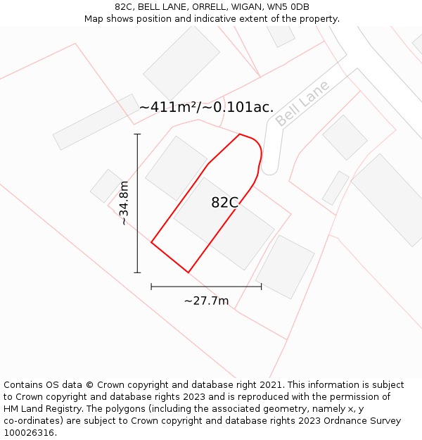 82C, BELL LANE, ORRELL, WIGAN, WN5 0DB: Plot and title map