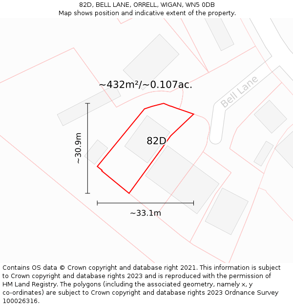 82D, BELL LANE, ORRELL, WIGAN, WN5 0DB: Plot and title map