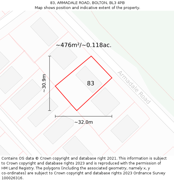 83, ARMADALE ROAD, BOLTON, BL3 4PB: Plot and title map