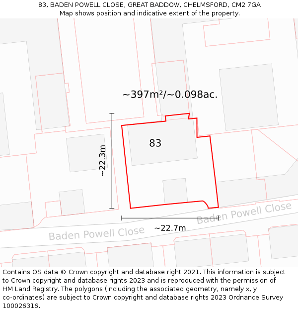 83, BADEN POWELL CLOSE, GREAT BADDOW, CHELMSFORD, CM2 7GA: Plot and title map