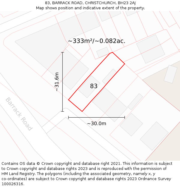 83, BARRACK ROAD, CHRISTCHURCH, BH23 2AJ: Plot and title map