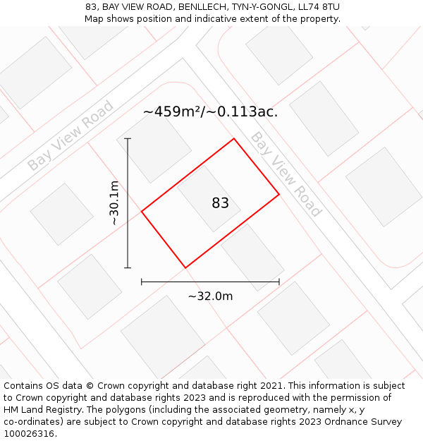 83, BAY VIEW ROAD, BENLLECH, TYN-Y-GONGL, LL74 8TU: Plot and title map