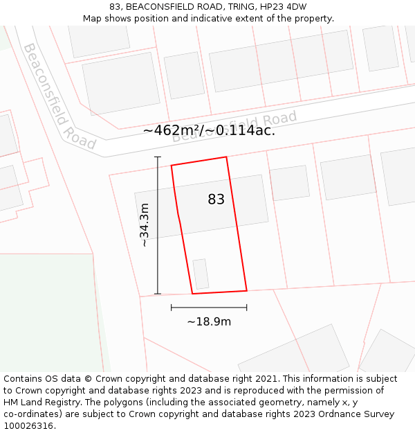 83, BEACONSFIELD ROAD, TRING, HP23 4DW: Plot and title map