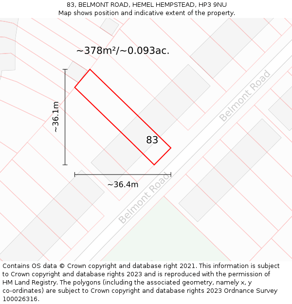 83, BELMONT ROAD, HEMEL HEMPSTEAD, HP3 9NU: Plot and title map