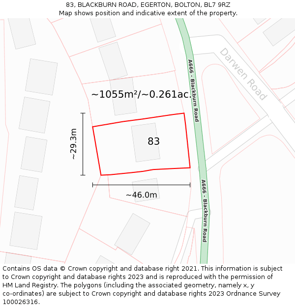 83, BLACKBURN ROAD, EGERTON, BOLTON, BL7 9RZ: Plot and title map