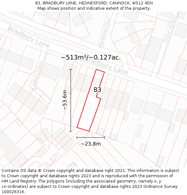 83, BRADBURY LANE, HEDNESFORD, CANNOCK, WS12 4EN: Plot and title map