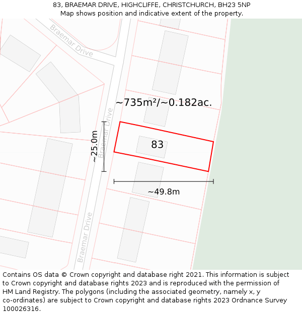 83, BRAEMAR DRIVE, HIGHCLIFFE, CHRISTCHURCH, BH23 5NP: Plot and title map