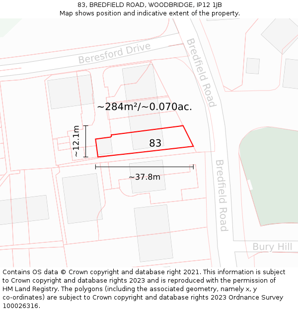 83, BREDFIELD ROAD, WOODBRIDGE, IP12 1JB: Plot and title map