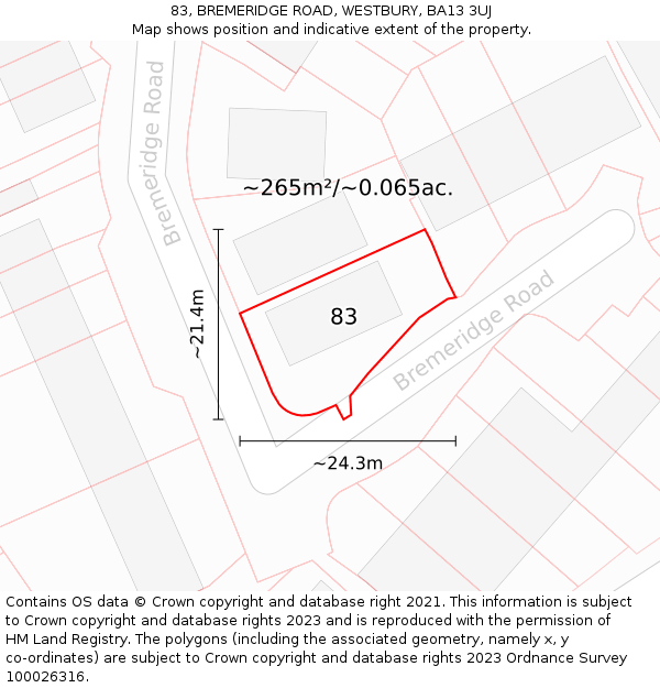 83, BREMERIDGE ROAD, WESTBURY, BA13 3UJ: Plot and title map