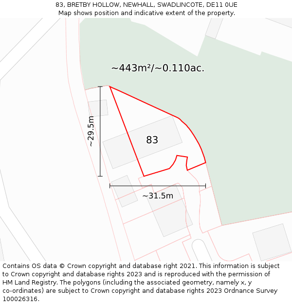 83, BRETBY HOLLOW, NEWHALL, SWADLINCOTE, DE11 0UE: Plot and title map