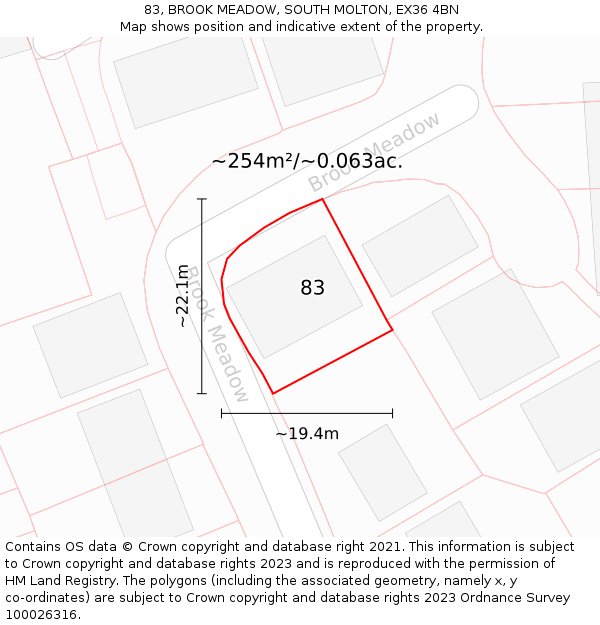 83, BROOK MEADOW, SOUTH MOLTON, EX36 4BN: Plot and title map