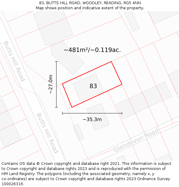 83, BUTTS HILL ROAD, WOODLEY, READING, RG5 4NN: Plot and title map