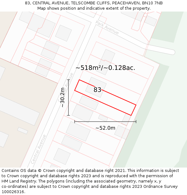 83, CENTRAL AVENUE, TELSCOMBE CLIFFS, PEACEHAVEN, BN10 7NB: Plot and title map