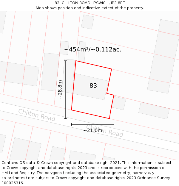 83, CHILTON ROAD, IPSWICH, IP3 8PE: Plot and title map