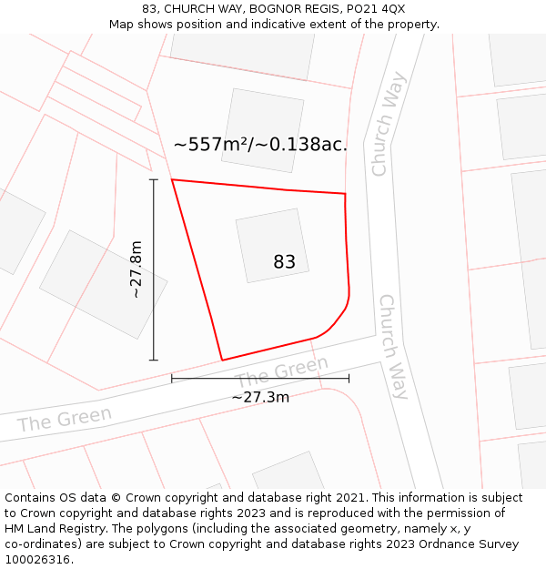 83, CHURCH WAY, BOGNOR REGIS, PO21 4QX: Plot and title map