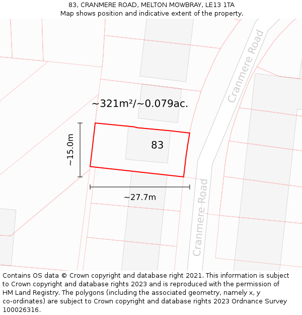 83, CRANMERE ROAD, MELTON MOWBRAY, LE13 1TA: Plot and title map