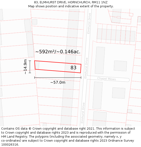 83, ELMHURST DRIVE, HORNCHURCH, RM11 1NZ: Plot and title map