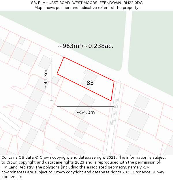 83, ELMHURST ROAD, WEST MOORS, FERNDOWN, BH22 0DG: Plot and title map
