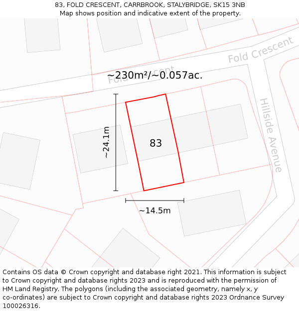 83, FOLD CRESCENT, CARRBROOK, STALYBRIDGE, SK15 3NB: Plot and title map