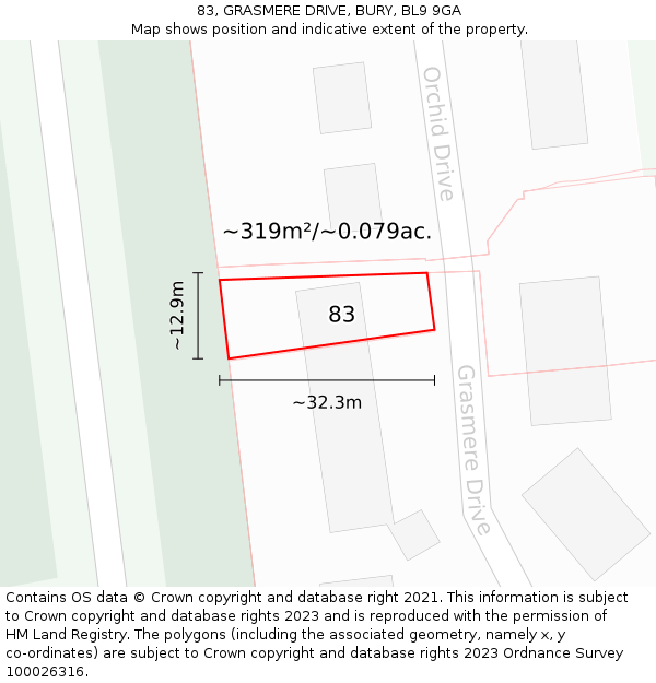 83, GRASMERE DRIVE, BURY, BL9 9GA: Plot and title map