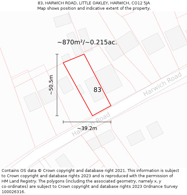 83, HARWICH ROAD, LITTLE OAKLEY, HARWICH, CO12 5JA: Plot and title map