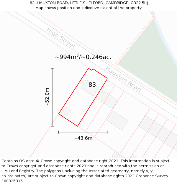 83, HAUXTON ROAD, LITTLE SHELFORD, CAMBRIDGE, CB22 5HJ: Plot and title map