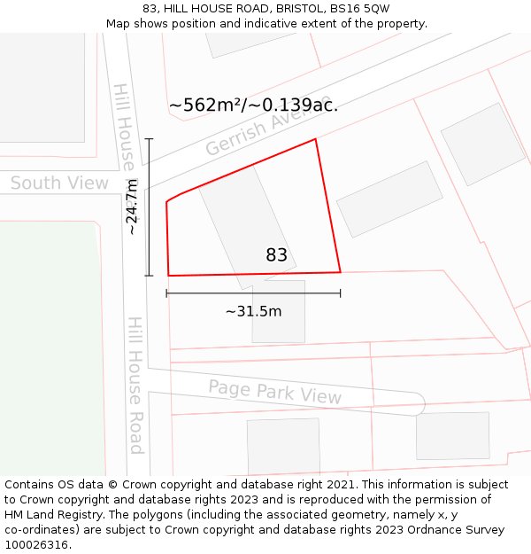 83, HILL HOUSE ROAD, BRISTOL, BS16 5QW: Plot and title map