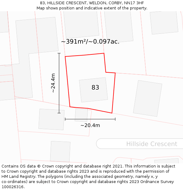 83, HILLSIDE CRESCENT, WELDON, CORBY, NN17 3HF: Plot and title map