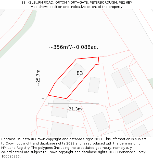 83, KELBURN ROAD, ORTON NORTHGATE, PETERBOROUGH, PE2 6BY: Plot and title map