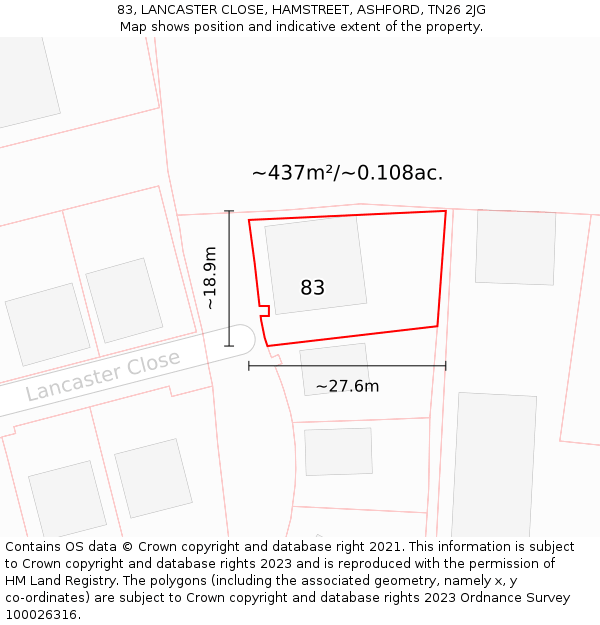 83, LANCASTER CLOSE, HAMSTREET, ASHFORD, TN26 2JG: Plot and title map