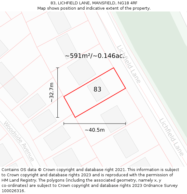 83, LICHFIELD LANE, MANSFIELD, NG18 4RF: Plot and title map