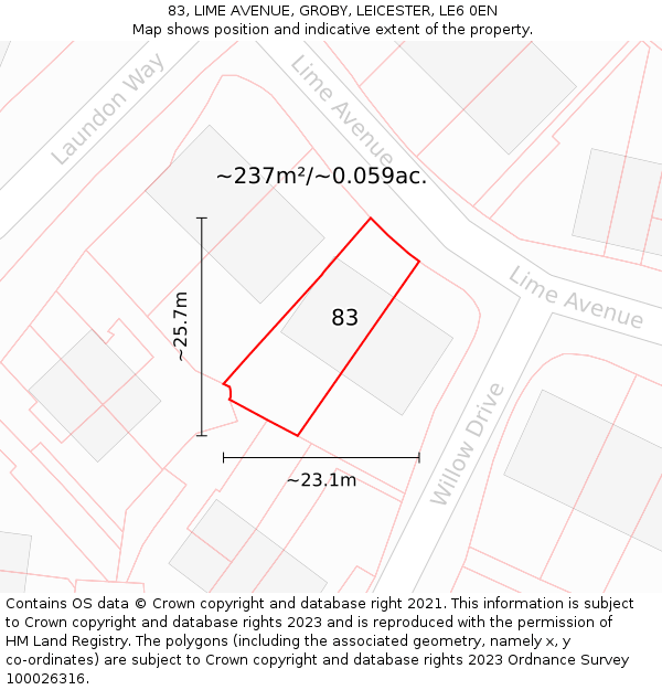 83, LIME AVENUE, GROBY, LEICESTER, LE6 0EN: Plot and title map