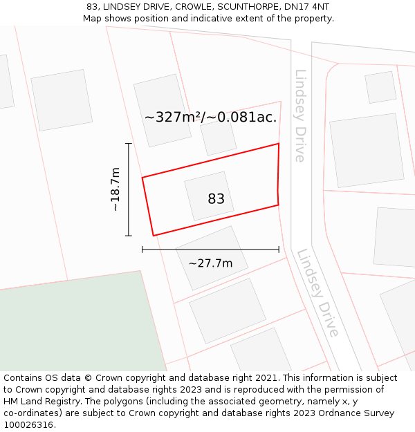 83, LINDSEY DRIVE, CROWLE, SCUNTHORPE, DN17 4NT: Plot and title map