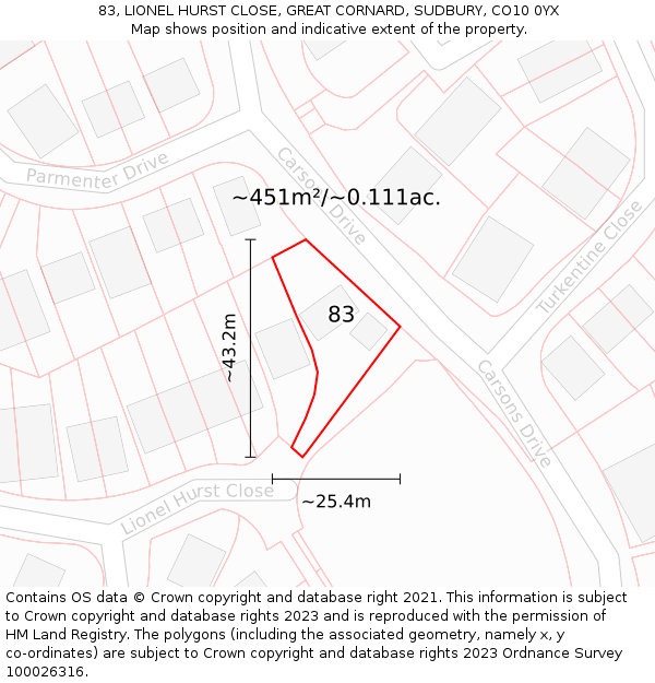 83, LIONEL HURST CLOSE, GREAT CORNARD, SUDBURY, CO10 0YX: Plot and title map