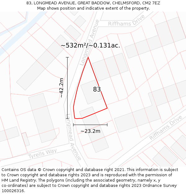 83, LONGMEAD AVENUE, GREAT BADDOW, CHELMSFORD, CM2 7EZ: Plot and title map