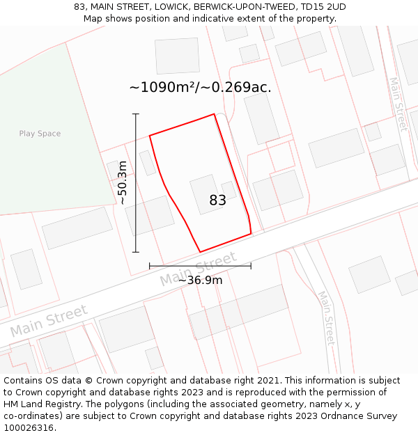 83, MAIN STREET, LOWICK, BERWICK-UPON-TWEED, TD15 2UD: Plot and title map